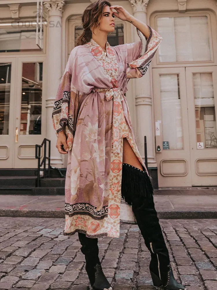 2025 Bikini Cover-ups Pink Boho Print Self Belted Front Open Long Kimono Dress Beach Tunic Women Swim Suit Cover Up Dress - Matrix Studios