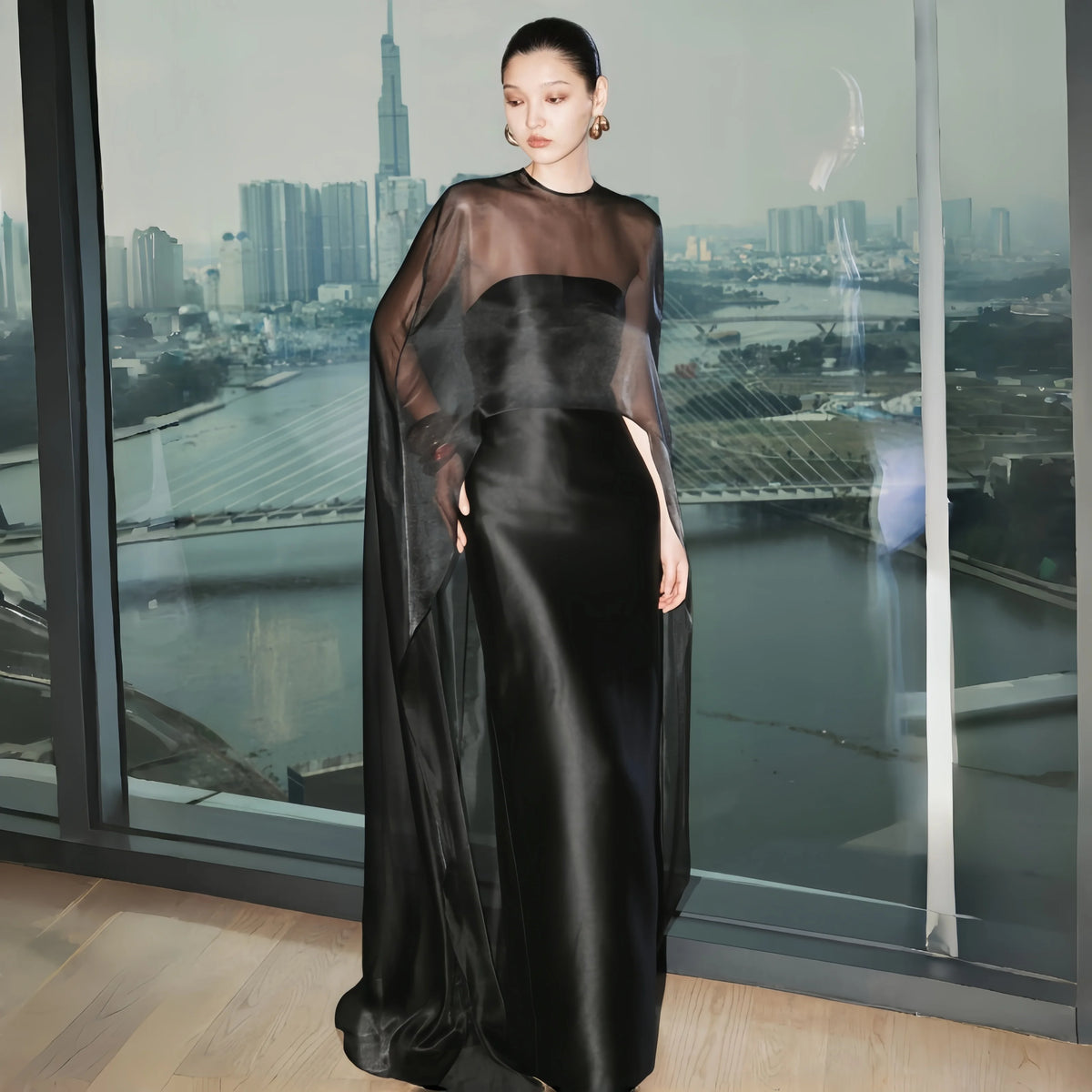 Women Chiffon Capelet Sheer Mesh Bridal Cape Shawl Wraps Asymmetrical High Low Flowy Wedding Party Cover Up Poncho Party Robes - Matrix Studios