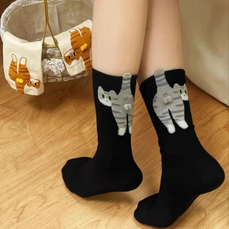 4pcs Funny Abstract 3D Cat Butt Mid-Tube Socks Cartoon Quirky Cotton Casual Socks Cat Egg Floor Sock for Cute Girls Couple Gifts - Matrix Studios