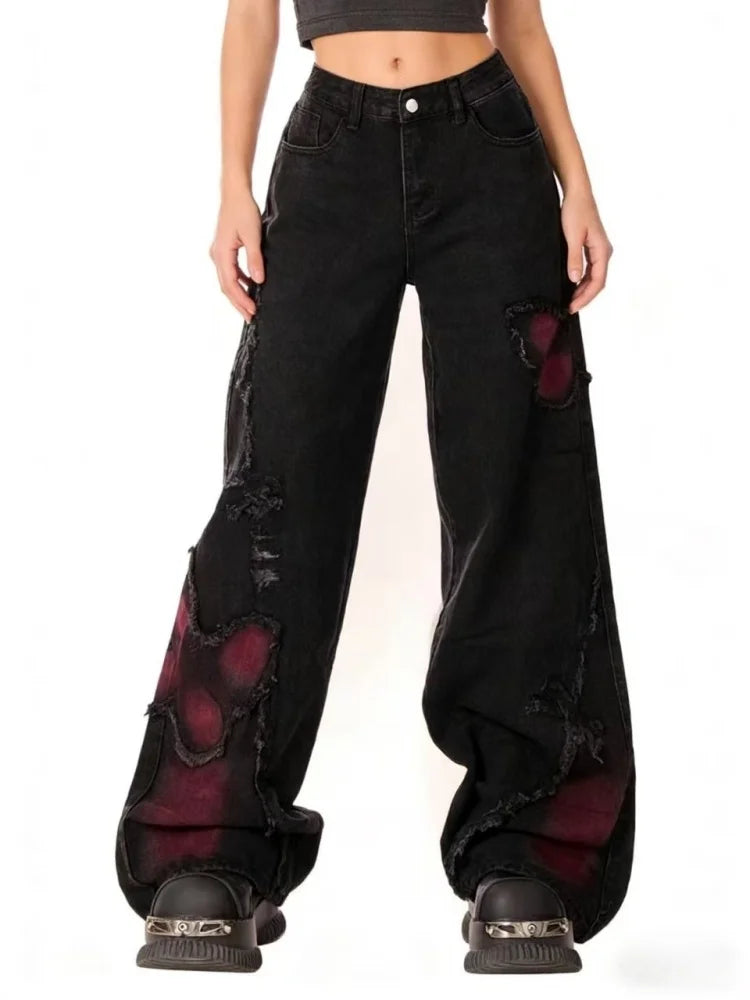 Women's Baggy Butterfly Jeans Vintage 90s Aesthetic Cowboy Pants Harajuku Oversize Denim Trousers Y2k 2000s Black Gothic Clothes - Matrix-studios.com