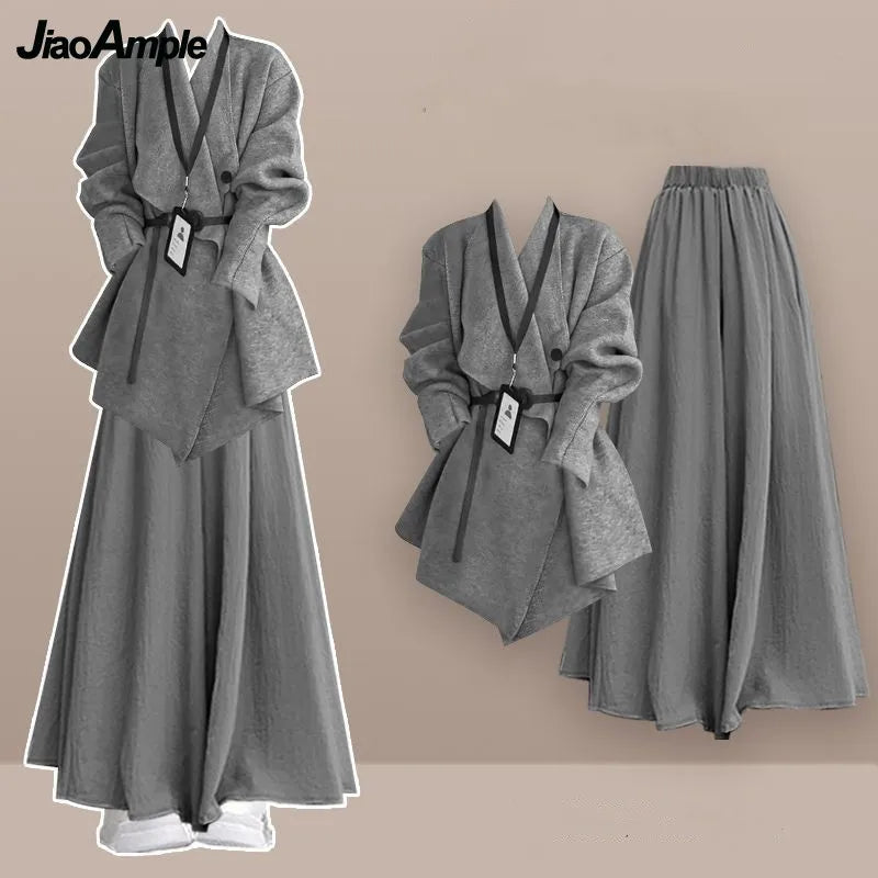 2025 Autumn/Winter New Korean Elegant In Matching Set Women's Fashion Knitted Cardigan Coat+Loose Skirt Pants Two Piece Suit - Matrix-studios.com