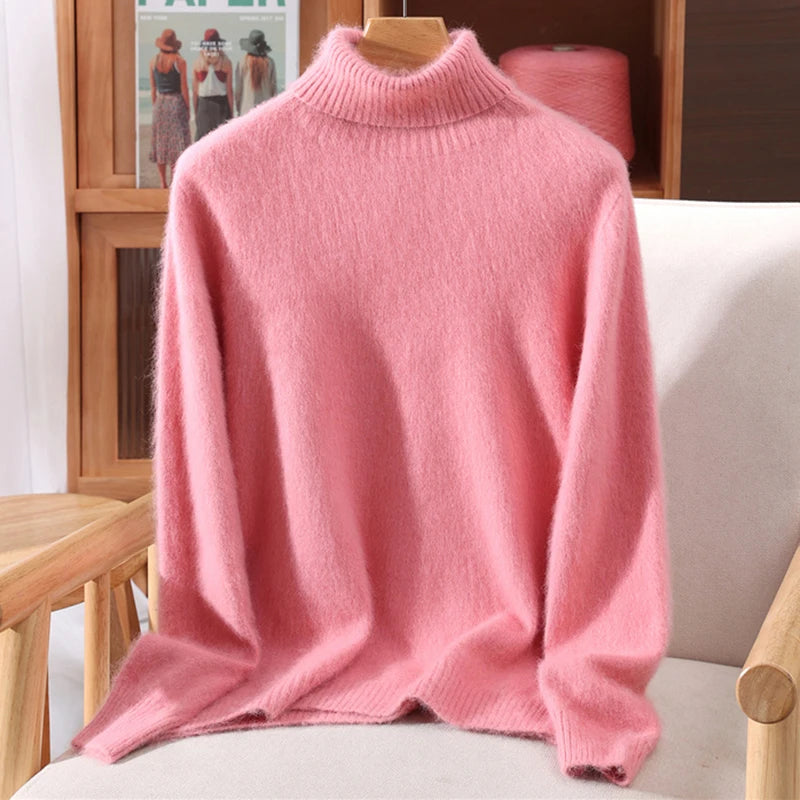 Autumn And Winter New 100% Mink Cashmere Sweater Ladies' High Lapel Solid Color Padded Pullover Wool Knitted Bottoming Shirt - Matrix Studios