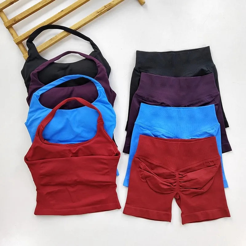 Yoga 2 Pieces Gym Set Women Backless Halter Tops High Waist Seamless Shorts Gym Suit Fitness Sports Bras Sportswear Workout Sets - Matrix-studios.com