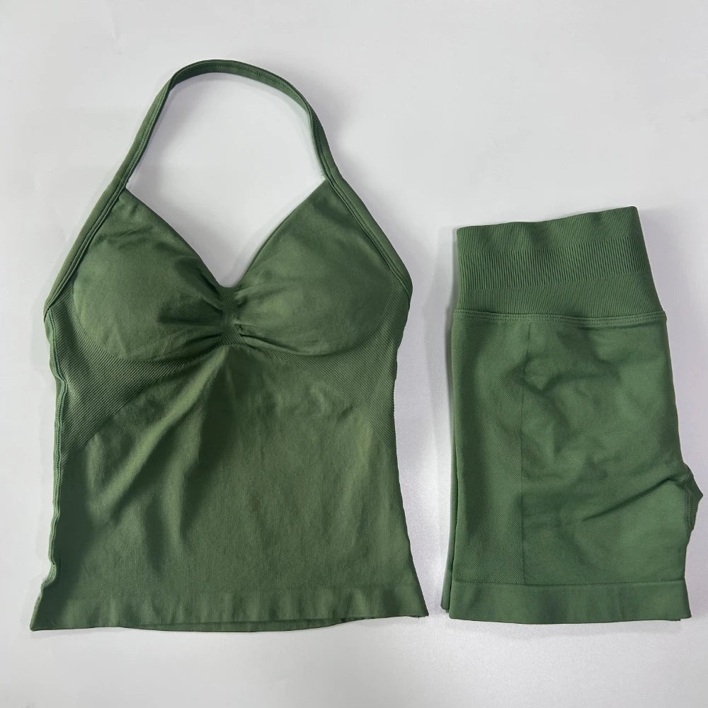 No Logo 2Pcs Gym Set Women Backless Tank Tops High Waist Scrunch Seamless Shorts Gym Suit Fitness Clothes Activewear Workout Set - Matrix-studios.com