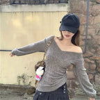 Fashion Vintage V-neck Knitted Tops Women 2025 Early Autumn New Sweaters Pullover Slim Long Sleeve Pullovers Sexy Gray Jumpers - Matrix Studios