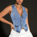 Y2K Retro Women Denim Vest V Neck Button Up Sleeveless Waistcoat Slim Fit Casual Streetwear Summer Crop Top - Matrix Studios