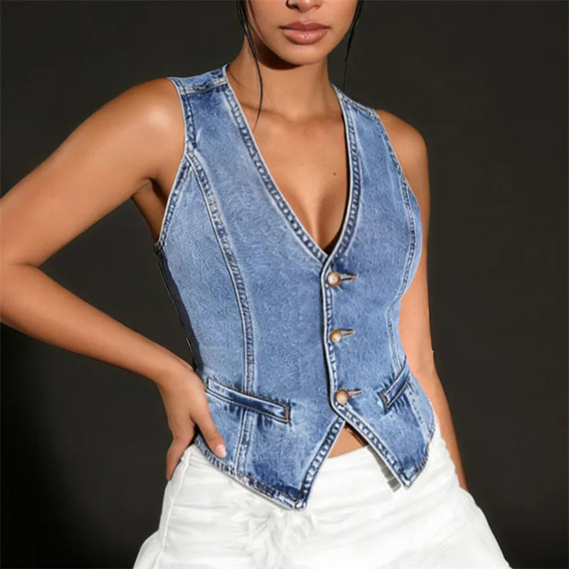 Y2K Retro Women Denim Vest V Neck Button Up Sleeveless Waistcoat Slim Fit Casual Streetwear Summer Crop Top - Matrix Studios