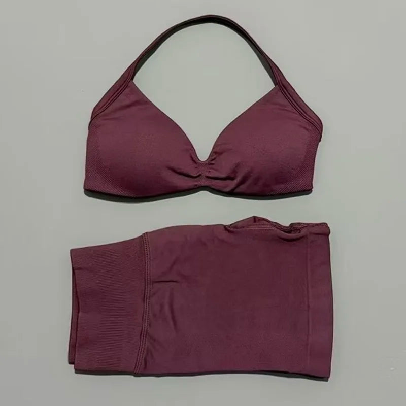 HISTELLO Gym Set 2 Piece Women Strappy Yoga Bra Top Workout Scrunch Shorts Sports Suit Fitness Clothes Seamless Yoga Set - Matrix-studios.com