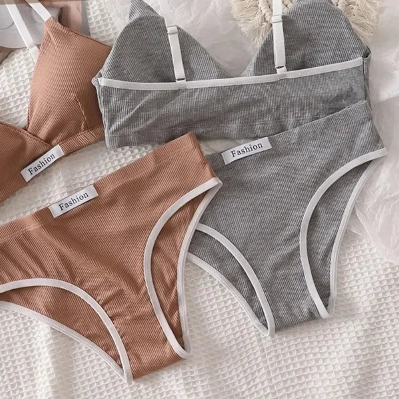 Women Cotton Bra Set Sexy Briefs Low Waist Panties Wire Free Bralette Sport Lingerie Vneck Brassiere Female Underwear Set - Matrix-studios.com