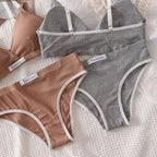 Women Cotton Bra Set Sexy Briefs Low Waist Panties Wire Free Bralette Sport Lingerie Vneck Brassiere Female Underwear Set - Matrix-studios.com