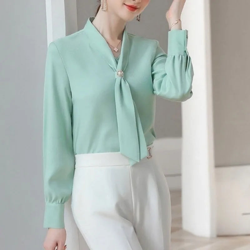 Women Spring Autumn Style Blouses Shirts Lady Casual Long Sleeve Bow Tie Collar Blusas Tops DF4958 - Matrix-studios.com