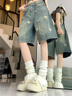 Women High Waist American Retro Washed Wide Leg Jeans Girls Street Do Old Star Loose Denim Pants Female Blue Knee Length Shorts - Matrix-studios.com