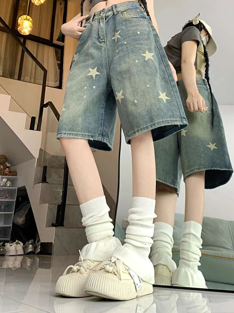 Women High Waist American Retro Washed Wide Leg Jeans Girls Street Do Old Star Loose Denim Pants Female Blue Knee Length Shorts - Matrix-studios.com