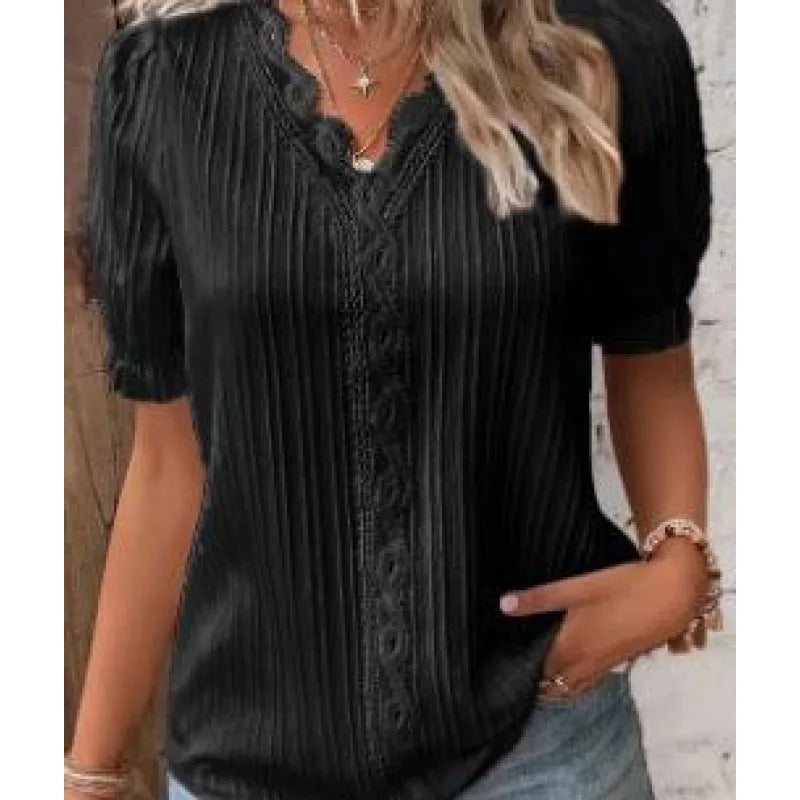 Women's Lace Stitching Shirt Summer Loose V Neck Short Sleeve Pullover Chiffon Shirt Solid Top Simple Elegant Street Blouse - Matrix-studios.com
