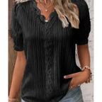 Women's Lace Stitching Shirt Summer Loose V Neck Short Sleeve Pullover Chiffon Shirt Solid Top Simple Elegant Street Blouse - Matrix-studios.com