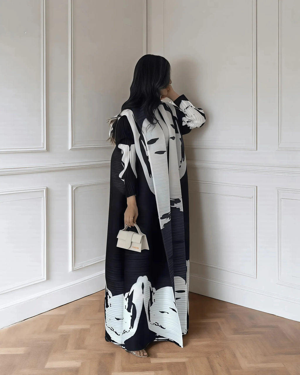 Fold Elegant Vintage Print Open Front  Miyake Abaya, Lightweight Flowy Loose Fit Women's Modest Fashion Long Kimono Cardigan - Matrix-studios.com