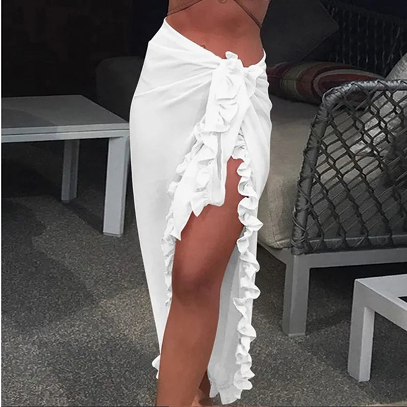 Women Chiffon See-Through Beach Bikini Cover Up Wrap Scarf Swimwear Pareo Sarong Dress Solid Ruffle Casual Beach Dress - Matrix Studios