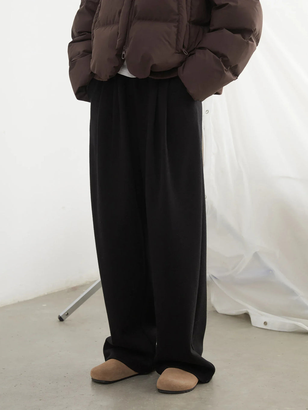 CHIC VEN Women Pants New High Waisted Pleated Casual Soft Wide Leg Pant Female Thicken Trousers Sport Solid Plush Winter 2024