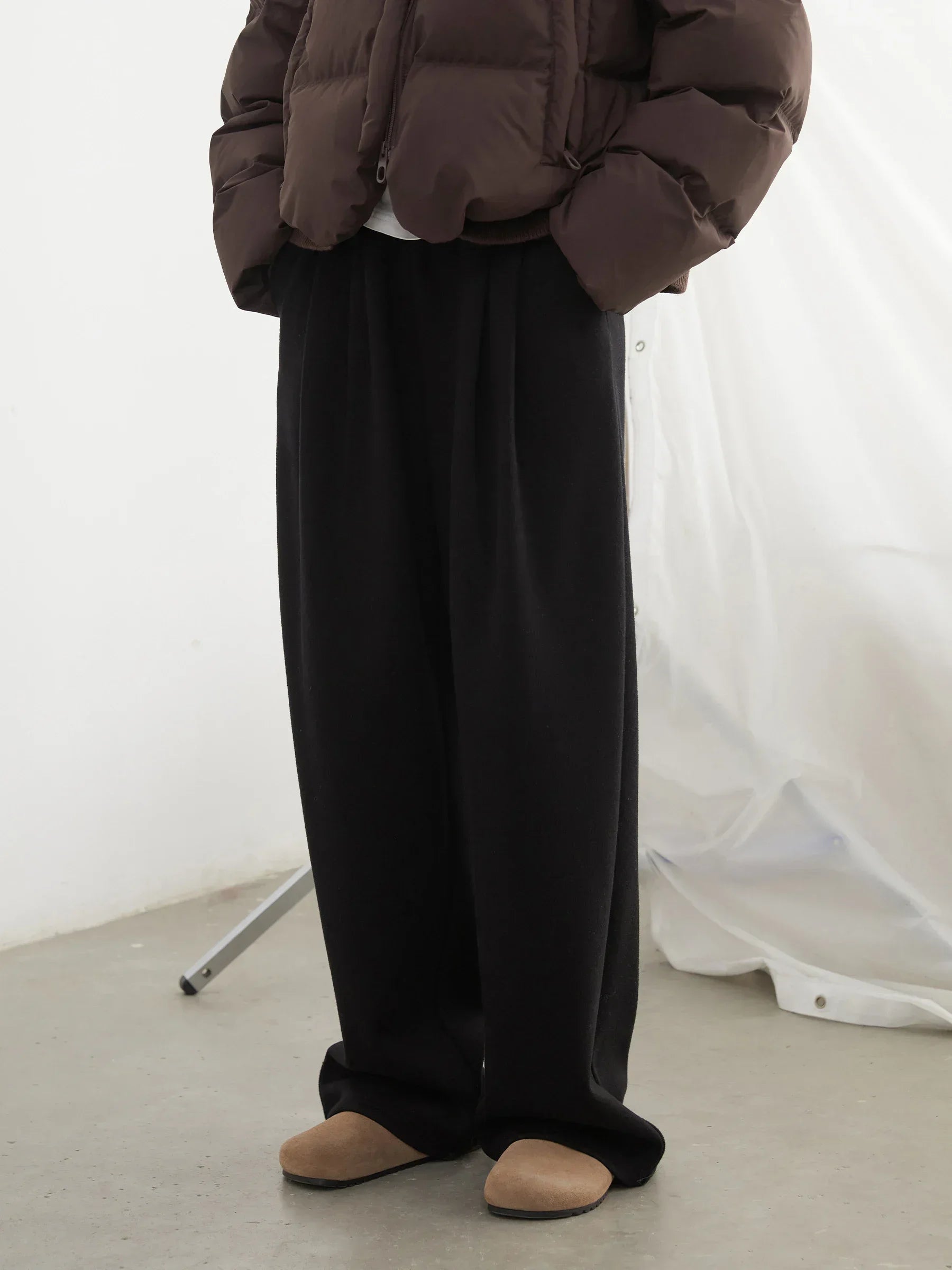 CHIC VEN Women Pants New High Waisted Pleated Casual Soft Wide Leg Pant Female Thicken Trousers Sport Solid Plush Winter 2024