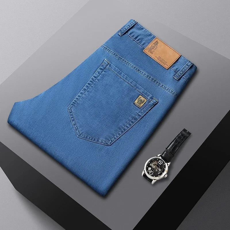 Men's Ice Silk Jeans Summer New Lyocell Thin Business Casual Denim Pants Classic All Match Slim Fit Straight Elastic Jean Male - Matrix Studios