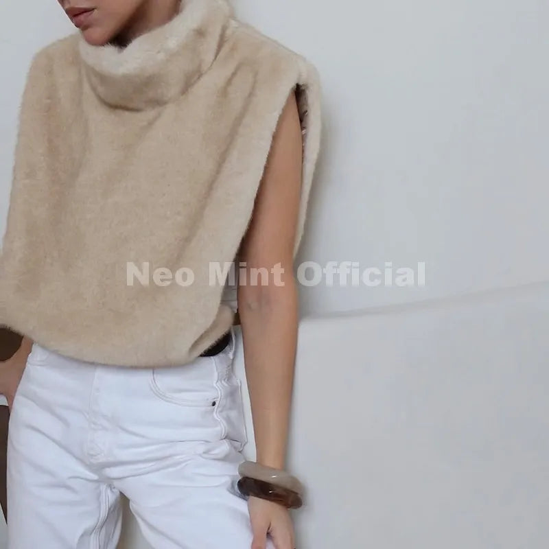 Neo Mint 2025 Brand Fashion Faux Fur Sable Vest Crop Top Autumn Winter Turtleneck Eco Mink Fur Tank Tops Sleeveless Jacket Coat - Matrix Studios