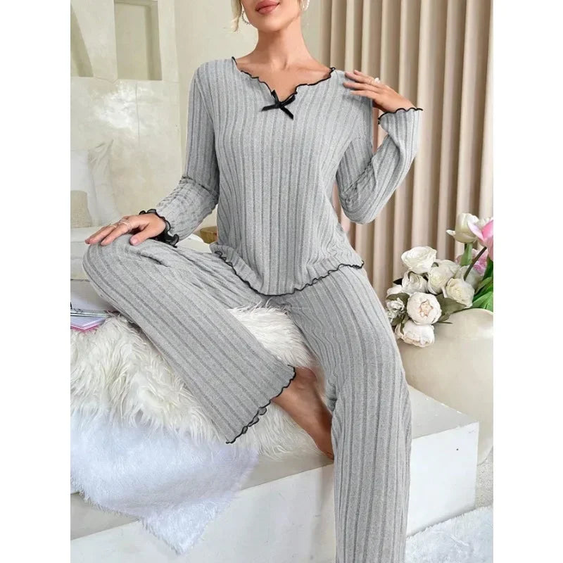 Women Autumn Winter Sleepwear Ribbed Pajamas Set Long Sleeve Top and Long Pants 2 Piece Set Casual Homewear Loungewear - Matrix-studios.com