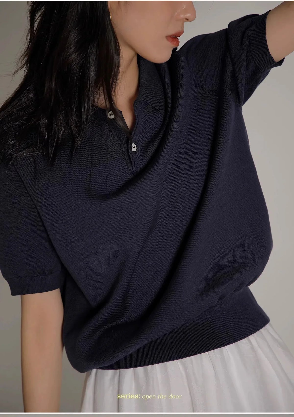 Women's Blue Ice Silk Knitted Polo Shirt Short Sleeve French Lapel Top Thin Summer High-Grade Shoulder T-Shirt - Matrix-studios.com