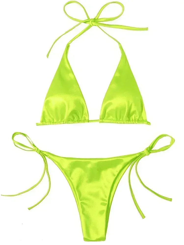 Halter Brazilian Metallic Satin Bikini Women Swimwear Female Swimsuit Two-pieces Bikini Set High Cut Bathing Suit Swim Beachwear - Matrix-studios.com