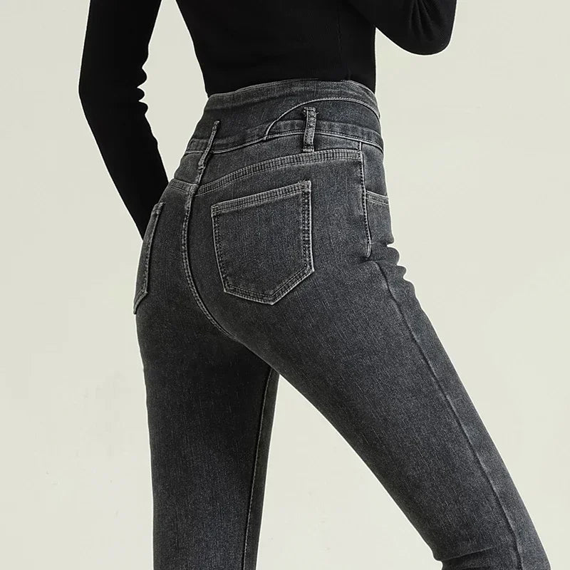New Women's High Waist Stretch Jeans Blue Black Gray Fashionable and Versatile Multi-button Popular Slim Denim Long Pants Female - Matrix-studios.com