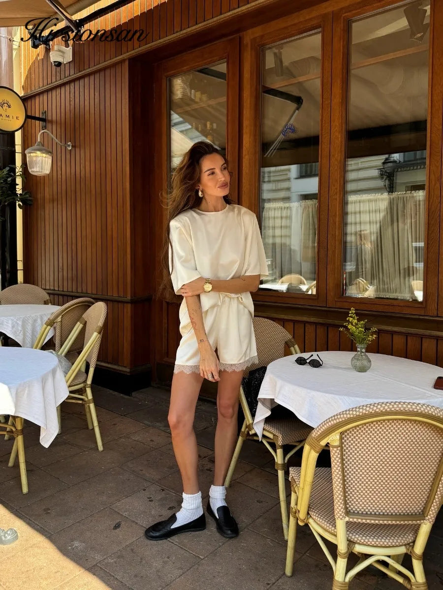 Hirsionsan Loose Sets Women Two Pieces Short Tops & Lace Patchwork Shorts Elegant Female High Quality Outfits Soft Tracksuit - Matrix-studios.com