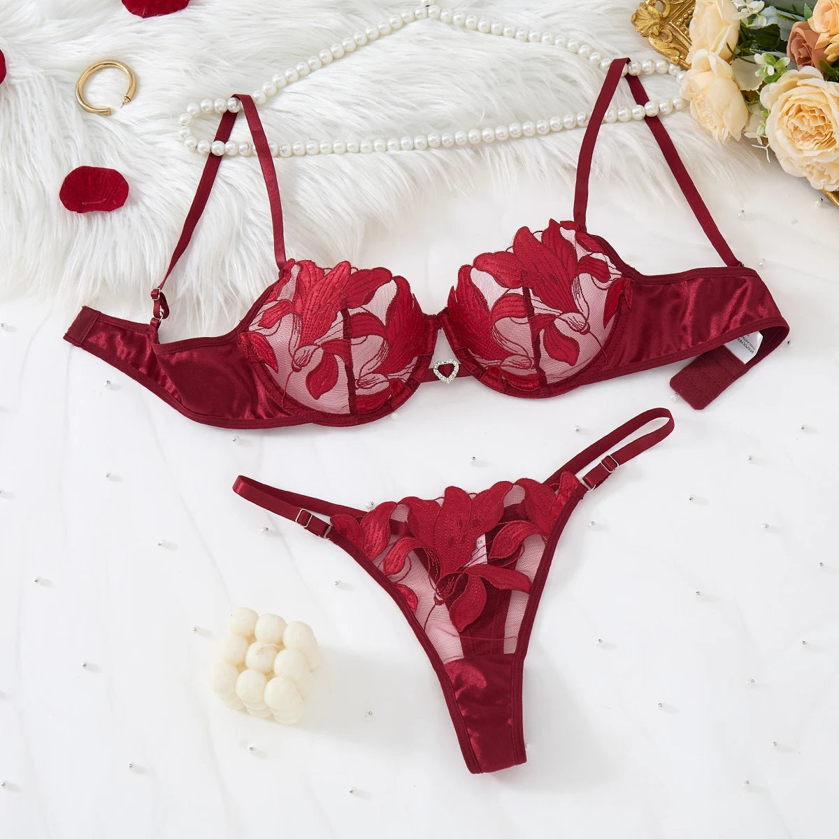 Embroidered Print Pajama Set - A Set Featuring a Floral Design Suitable for Women, a Sexy Bra ZA824031 - Matrix-studios.com
