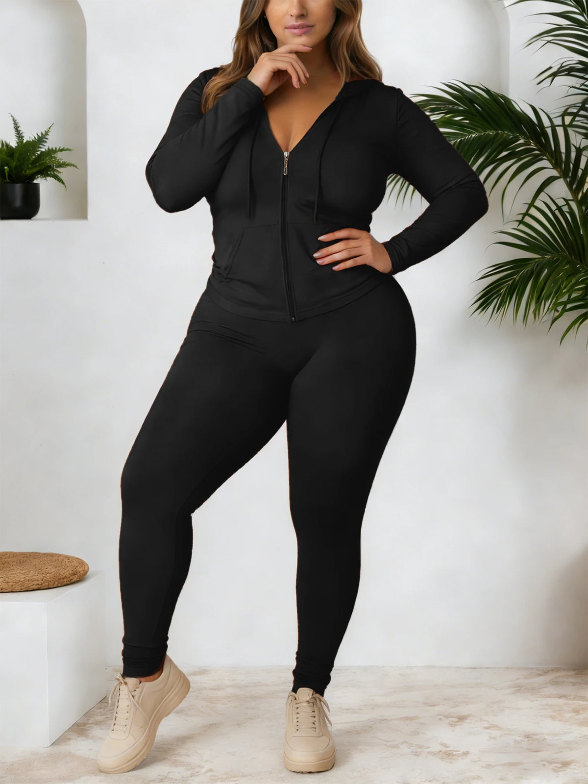 Gentle Soft Solid Color Curvy Athleisure Suit, Zip Hoodie Tracksuit Complete With Joggers, Comfortable Casual Streetwear, Versatile All Seasons Oversized Matching Set For Yoga Daily Party - Matrix-studios.com
