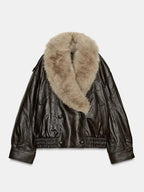 Women Vintage Fur Collar Leather Jacket Lapel V-neck Full Sleeve Double Breasted Bomber Jackets Lady Winter High Street Outwears - Matrix Studios