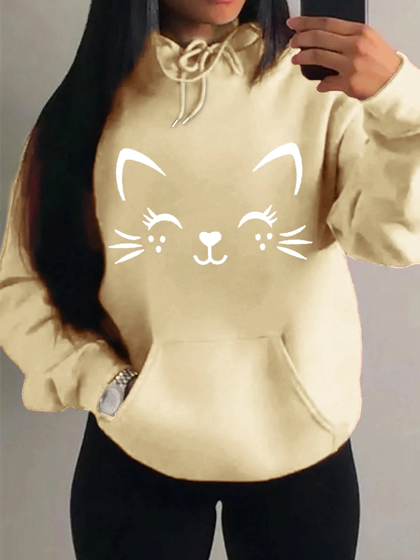 Simple Word Cat Happy Pattern Women Hoodies Fashion Casual Streetwear Personality Hip Hop Hoodie Trendy Fleece Pulloverar