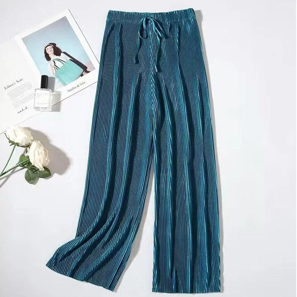 2025 Women's Pleated Loose Ice Silk Korean Casual Cropped Pants Wide Leg Trouse Home Classic Sports Wear Girls Clothes Black Top - Matrix-studios.com
