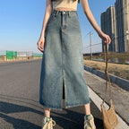 Summer New High-waist Slit Denim Skirt For Women Washed Retro A- line Skirt Hip-covering Straight Long Skirt - Matrix-studios.com