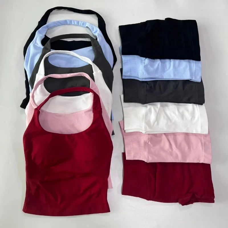 No Logo 2 Pieces Sports Set Women Backless Tank Tops High Waist Scrunch Seamless Shorts Gym Set Sportswear Workout Set Yoga - Matrix-studios.com