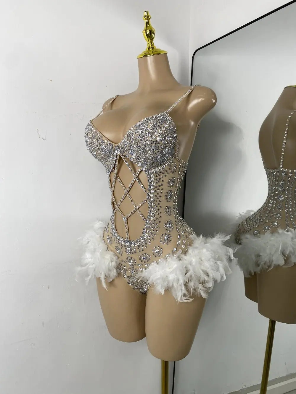 Luxury Women Sexy Shiny Crystal Feathers Hollow Out Bodysuit Nightclub Performance Dance Costume Nightclub Singer Stage Wear - Matrix Studios