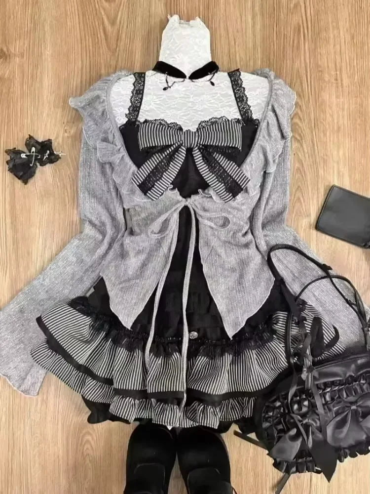 Japanese Sweet Preppy Style 2 Piece Set Women Kawaii Lace Patchwork Bow Tops + Y2k Plaid Mini Skirt Elegant Fashion Outifits New - Matrix-studios.com