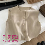Crew Neck Women's Korean Solid Button Short Sleeve Cardigan Coats Sweater Knitted Sleeveless Ladies Elegant Tanks Bottoming - Matrix Studios