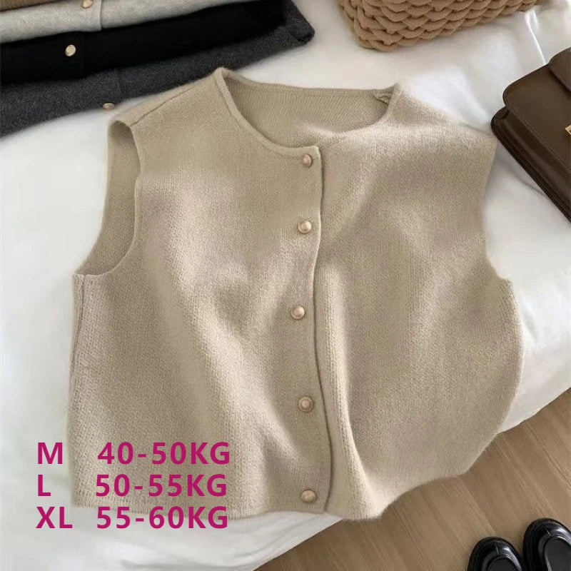Crew Neck Women's Korean Solid Button Short Sleeve Cardigan Coats Sweater Knitted Sleeveless Ladies Elegant Tanks Bottoming - Matrix Studios