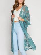 Women Beachwear Cardigan Solid Color 3/4 Sleeve See-Through Embroidery Flower Beach Dress For Women Summer Holiday Cover-Up - Matrix Studios
