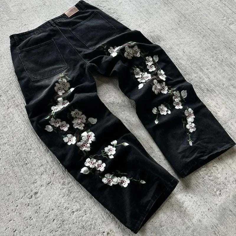 Hip Hop Cherry Blossom Embroidered Jeans Vintage Low Waist Wide Leg Trousers Y2K Clothes Mens Womes Embroidered Baggy Jeans - Matrix Studios