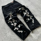 Hip Hop Cherry Blossom Embroidered Jeans Vintage Low Waist Wide Leg Trousers Y2K Clothes Mens Womes Embroidered Baggy Jeans - Matrix Studios