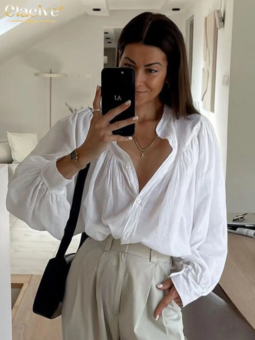 Clacive Casual Loose White Cotton Women's Blouse 2025 Fashion Stand Collar Long Sleeve Shirt Elegant Classic Solid Top Female - Matrix-studios.com