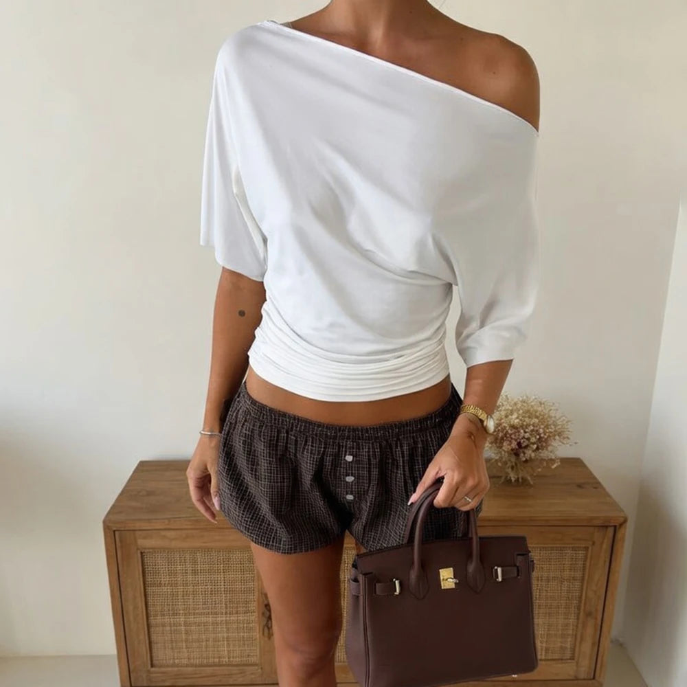 Talenza Summer One Shoulder Tops Fashion Slim Shrink Short Sleeve T-Shirts Sexy Party Y2k Streetwear Solid Pullover Tops Women - Matrix-studios.com