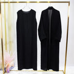2pics Muslim Sets Muslim Jilbab Two Pieces Women Out Abaya Loose Cardigan Coat Sleeveless Inner Dress Prayer Clothing with Belt - Matrix-studios.com