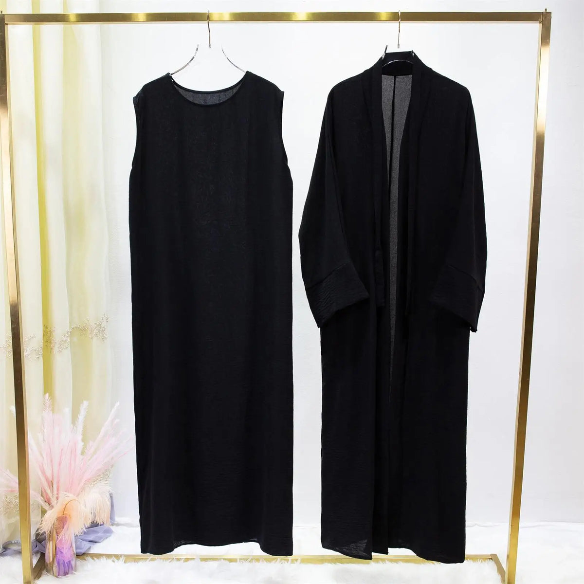2pics Muslim Sets Muslim Jilbab Two Pieces Women Out Abaya Loose Cardigan Coat Sleeveless Inner Dress Prayer Clothing with Belt - Matrix-studios.com