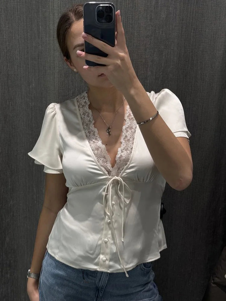 Tossy Lace Summer V-Neck T-shirt Top For Women Lace-Up Hollow Out Short Sleeve Printed Cropped Top Pullover Female Bandage Tee - Matrix-studios.com