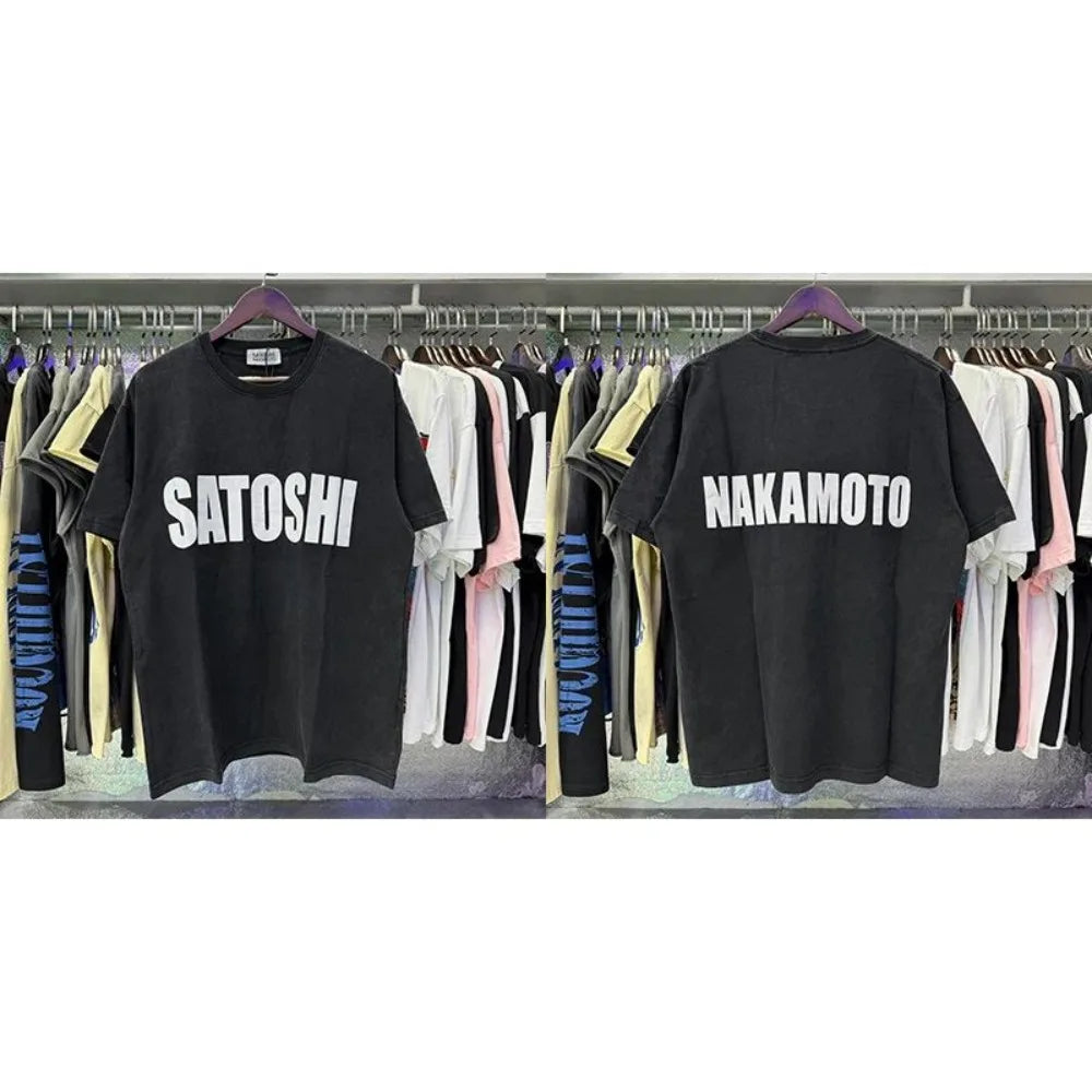 Satoshi Nakamoto Letter Print Crew Neck T-shirt Men Vintage Loose Short Sleeve Casual Streetwear Basic Tee Multiple Styles - Matrix-studios.com
